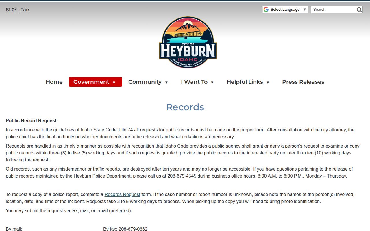 Heyburn Police records request information for Minidoka County arrest records