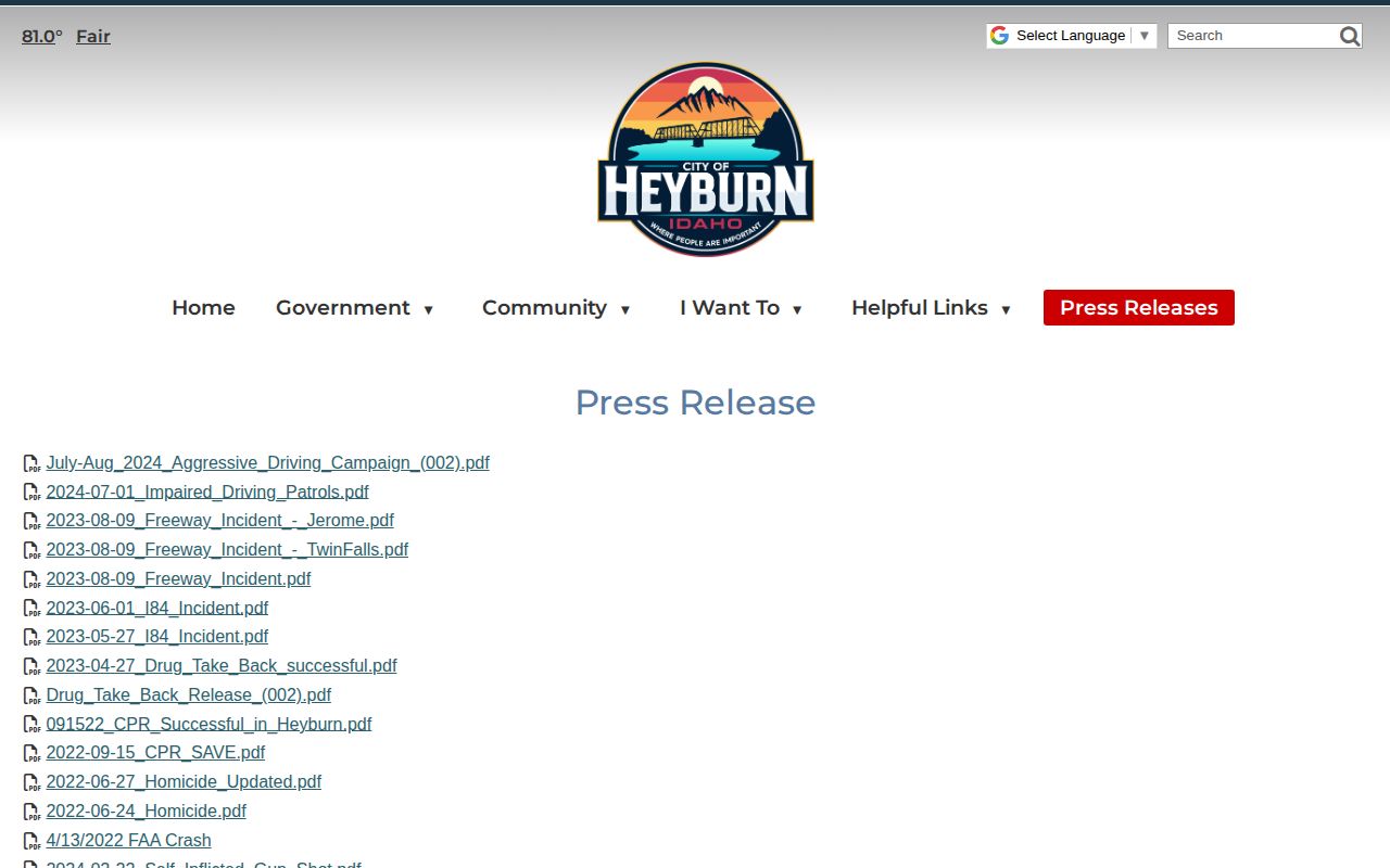 Heyburn Police press releases for Minidoka County public safety events
