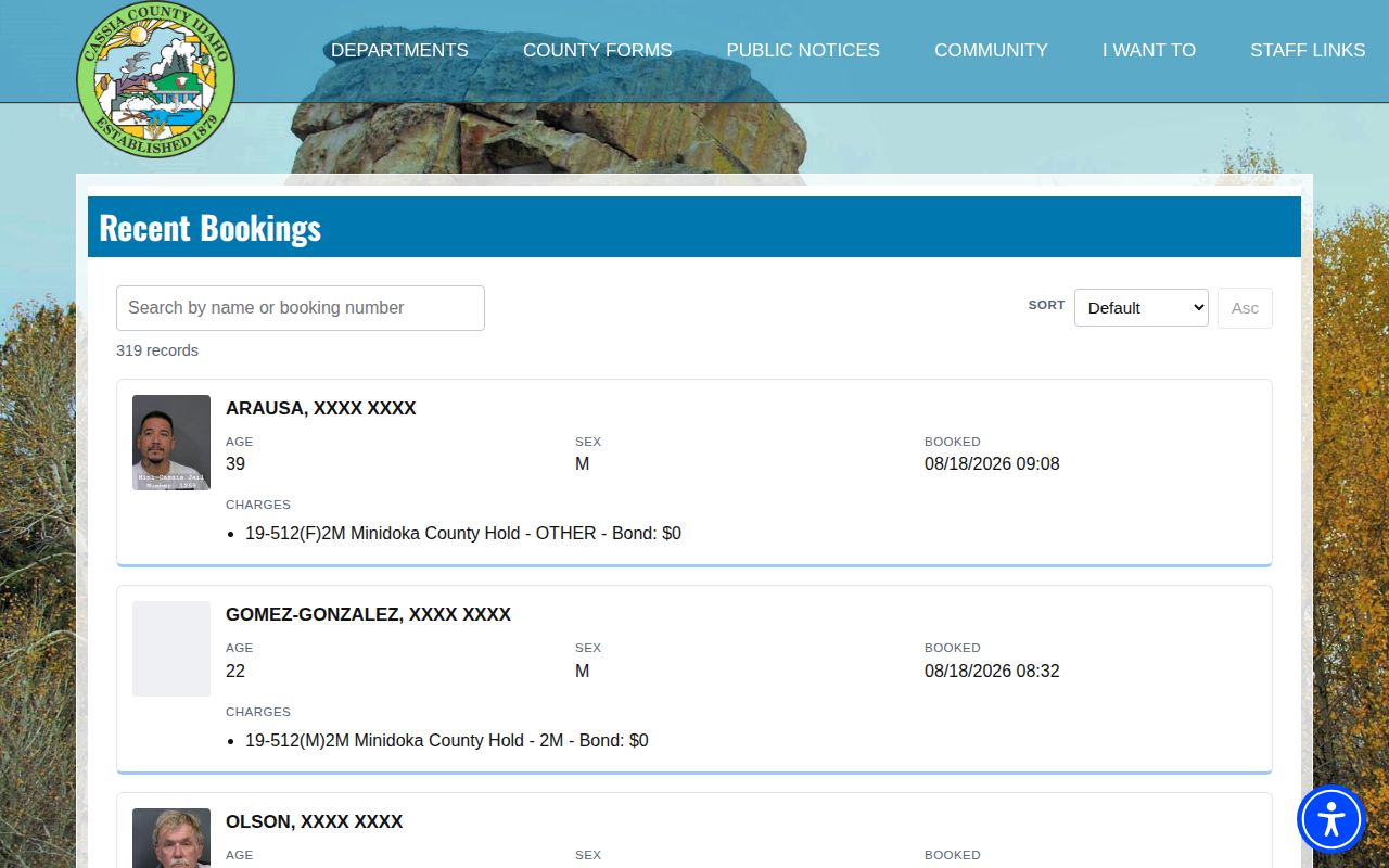 Minidoka County recent booking feed with dates and booking records at the joint jail
