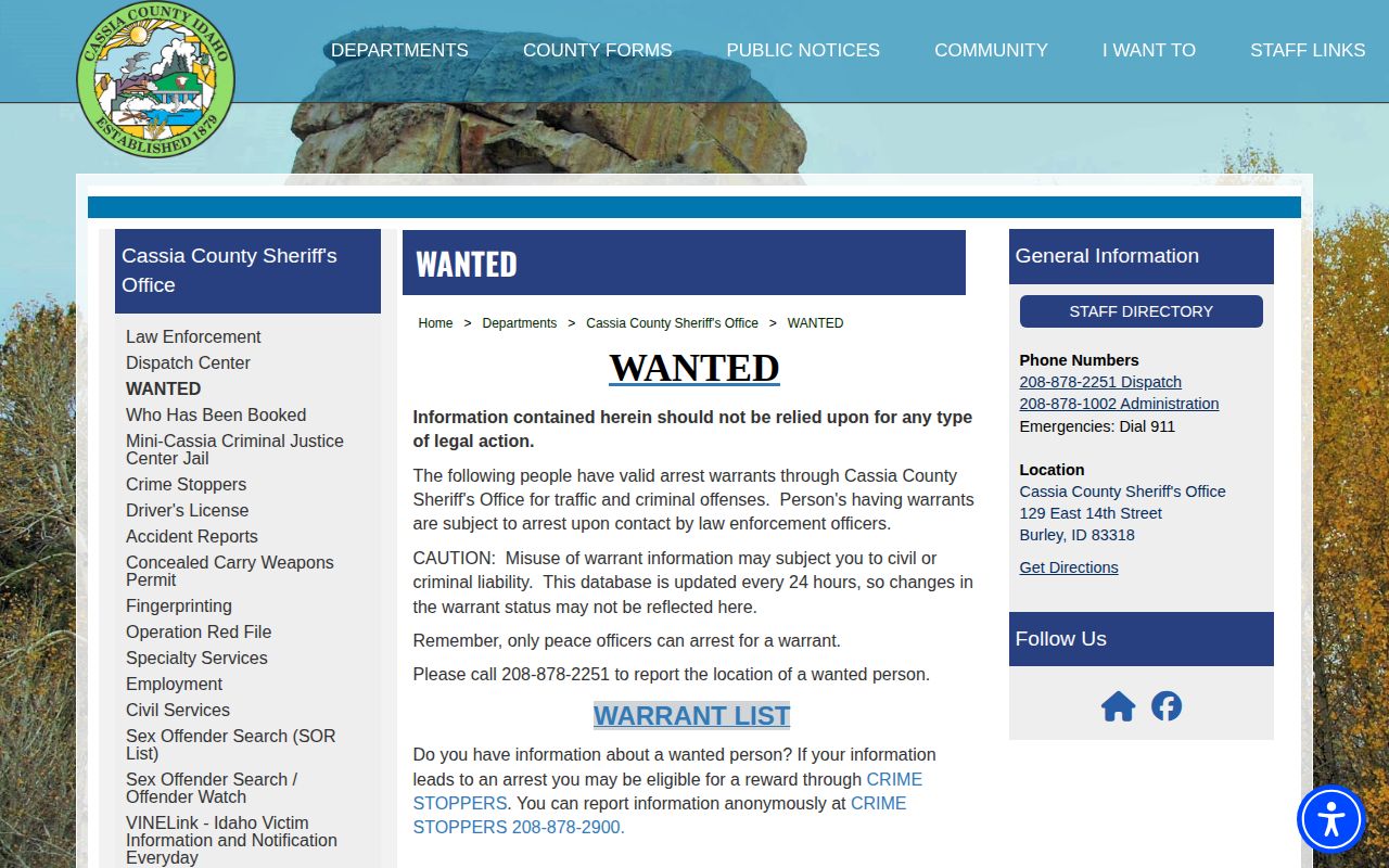 Cassia County Sheriff wanted list used for Minidoka County warrant context