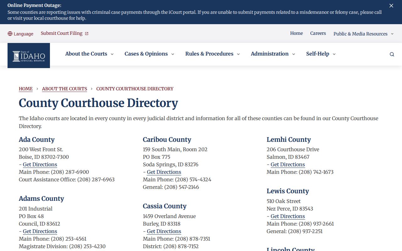 Idaho courthouse directory for Minidoka County warrant and court record follow-through