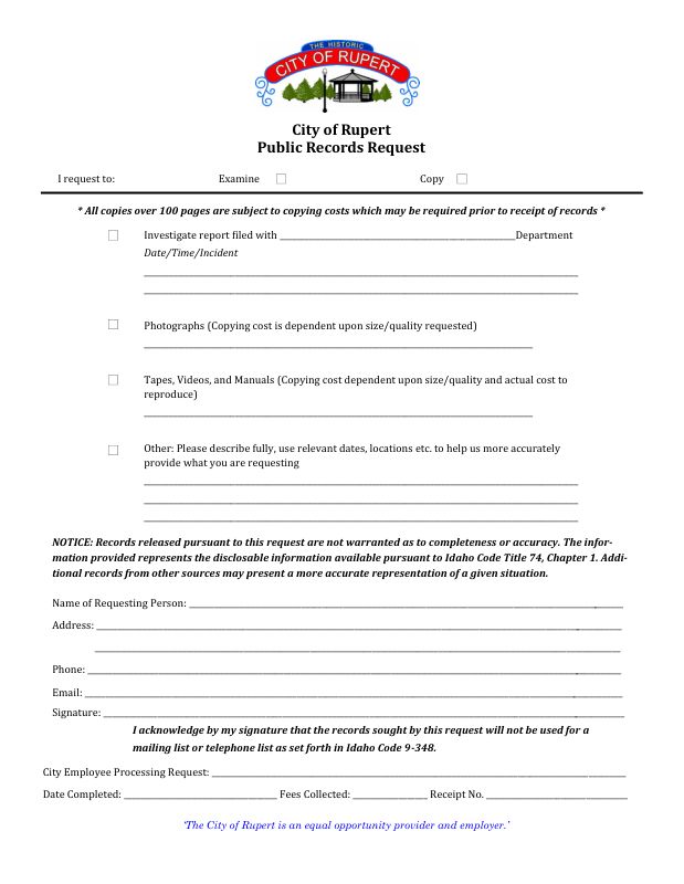 Rupert Police public records request form for arrest reports and booking photographs