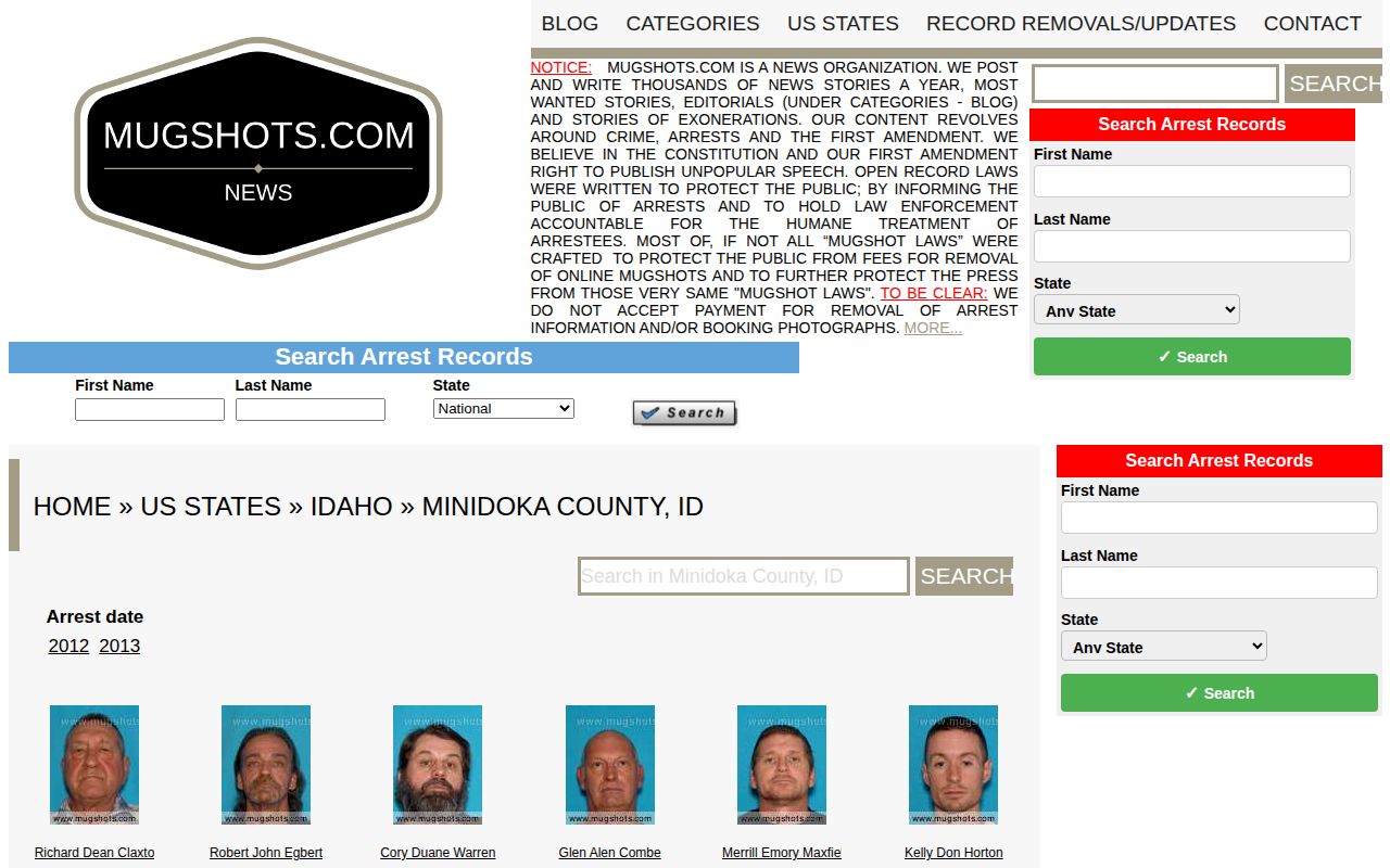 Historical unofficial Minidoka County booking records index context