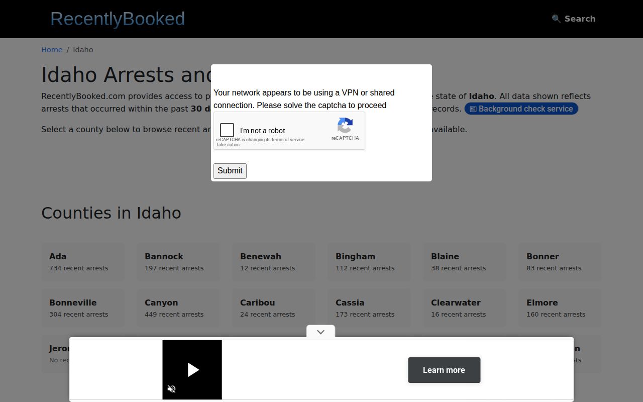 RecentlyBooked Idaho directory showing unofficial county coverage limits